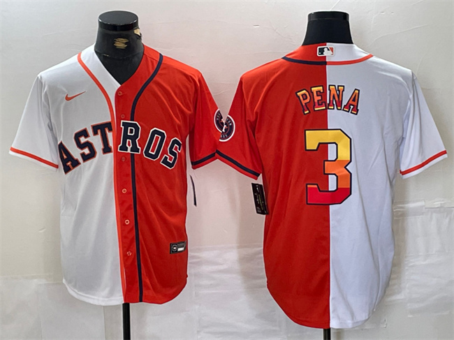 Men's Houston Astros #3 Jeremy Peña White/Orange Split With Patch Cool Base Stitched Baseball Jersey